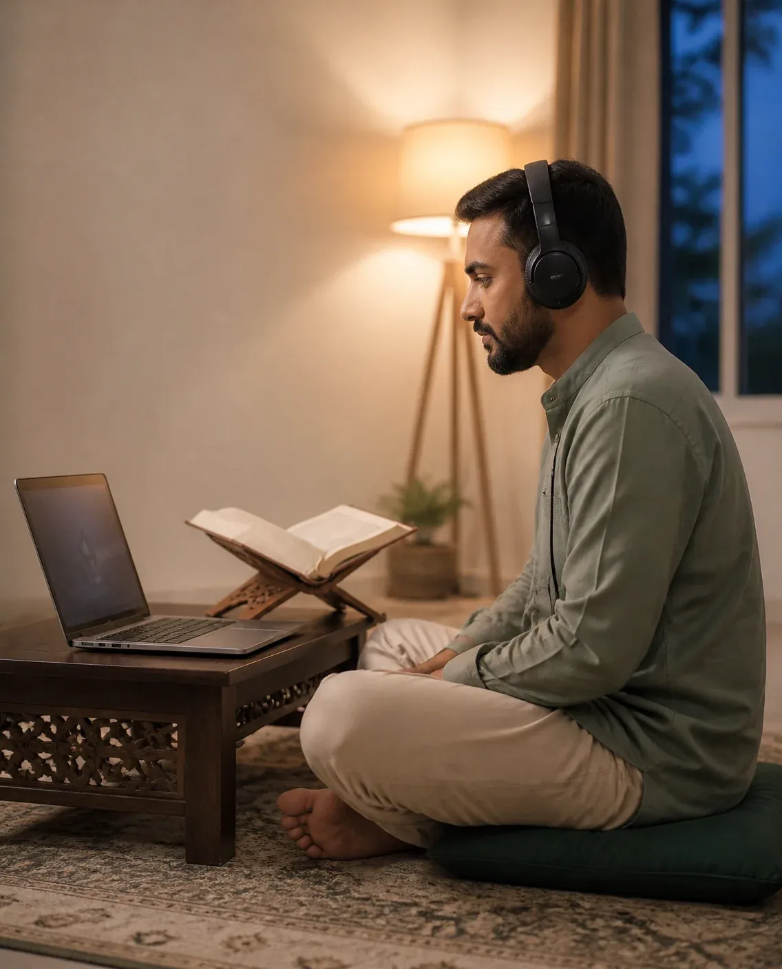 Adult learner listening to an online Quran lesson with headphones at home