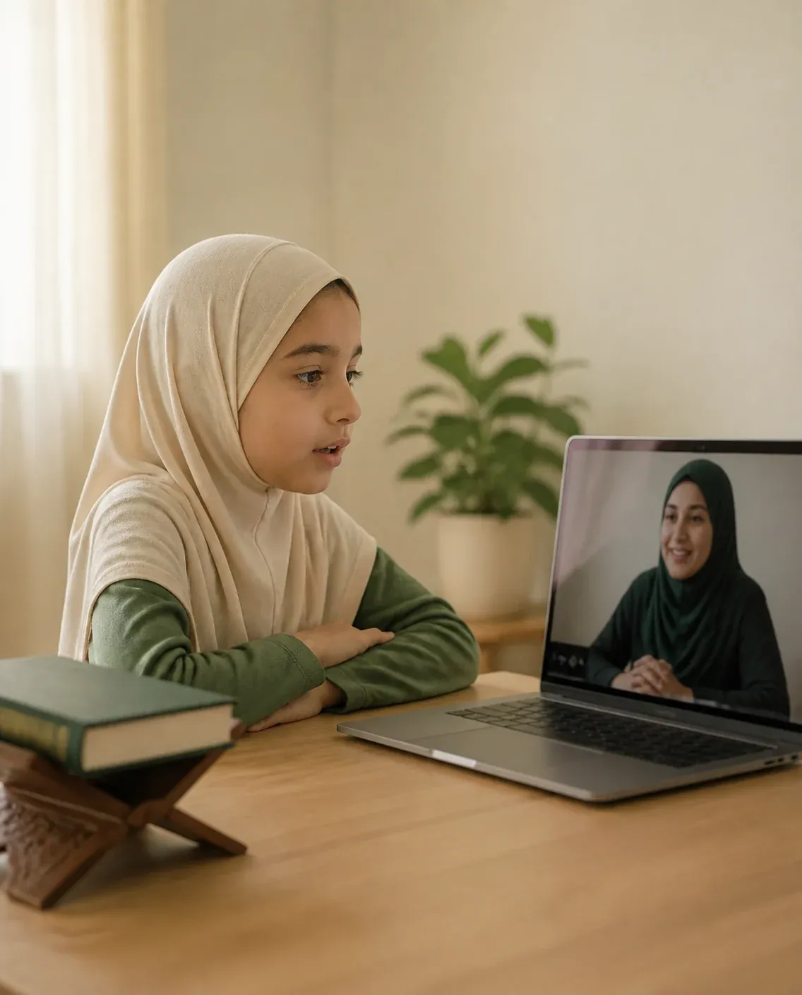 Girl reciting a Surah to her female Quran teacher on a laptop call