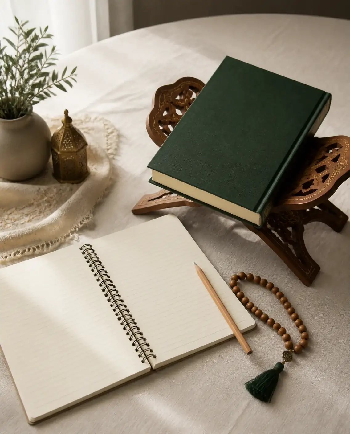 Quran on a wooden rehal beside a revision notebook and pencil